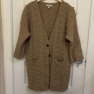 Faconnable L tan wool cardigan v-neck 3/4 sleeves buttons unique knit